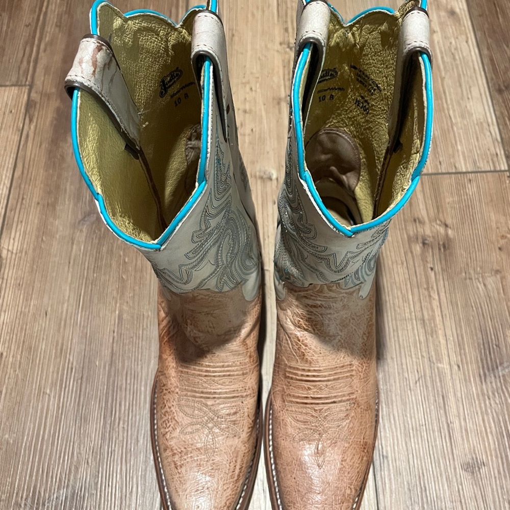 JUSTIN BOOTS WOMENS TAN SMOOTH OSTRICH WESTERN BOOTS SQUARE TOE SIZE 10 LIKE NEW - Picture 4 of 8